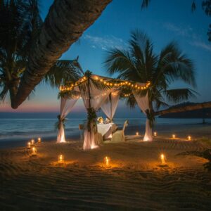 A picturesque romantic dinner setup under a canopy on a Thai beach at twilight, surrounded by candles.